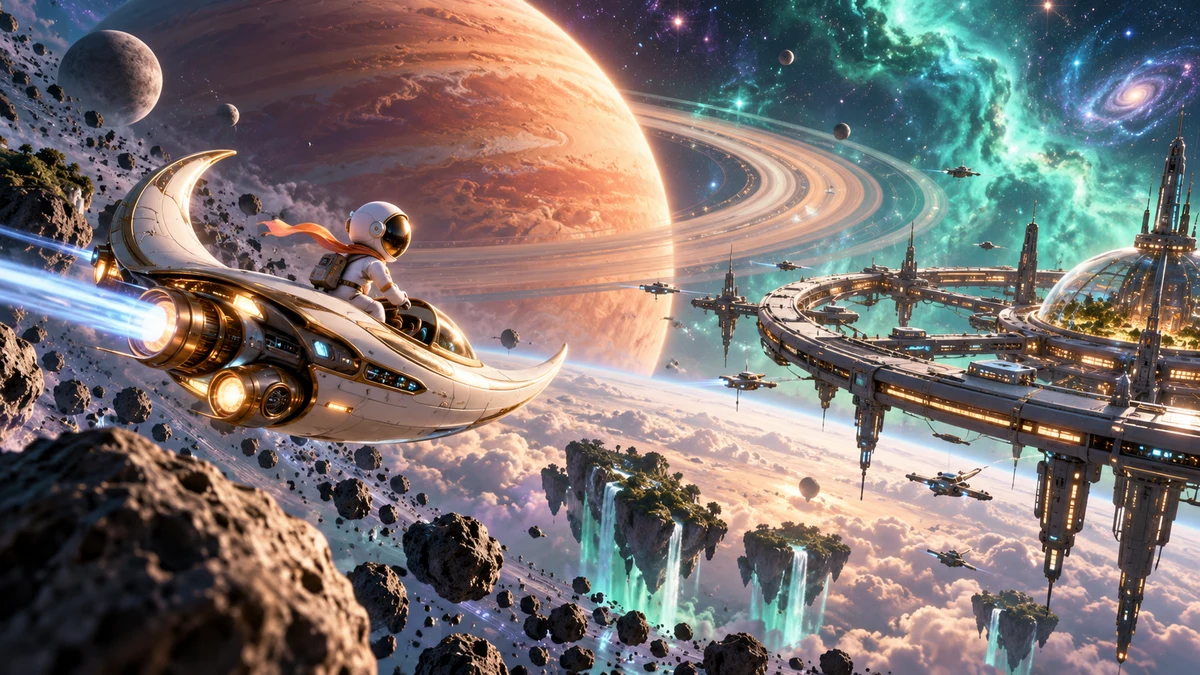An astronaut steering a crescent-shaped ship around a glowing ringed planet