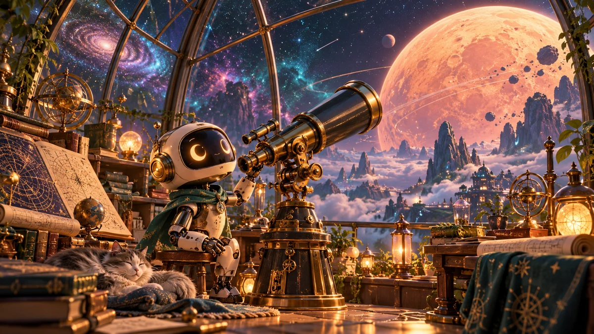 Friendly small astronomer robot inside a glass observatory dome, star charts and brass telescope looking onto giant peach moon, warm intimate portrait.